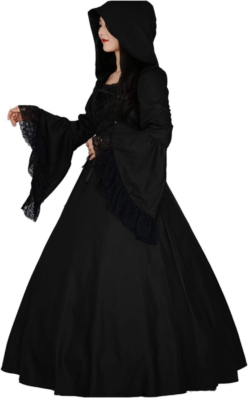 Jeufoin Women's Gothic Victorian Witch Vampire Dress Medieval Renaissance Halloween Cosplay Hooded Costume - Image 4