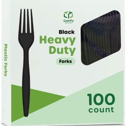 Comfy Package [100 Pack] Basic Black Plastic Forks, Heavy Duty Disposable Utensils - Perfect for Parties, Events, and Catering