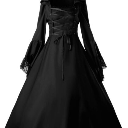 Jeufoin Women's Gothic Victorian Witch Vampire Dress Medieval Renaissance Halloween Cosplay Hooded Costume