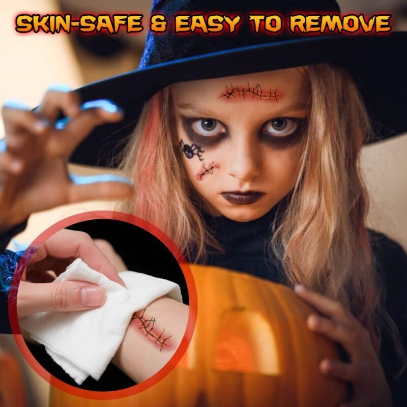 25 Sheets Halloween Zombie Stitches Temporary Tattoos, Fake Chucky Scars Bloody Wound Vampire Tattoos Realistic Stickers for Chucky Costume Cosplay Horror Makeup Pranks Party Kids Men Women - Image 3
