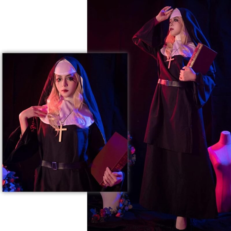 NSPSTT The Nun Costume for Women Nun Dress Halloween Cosplay for Men Nun Costume 5pcs Set - Image 6