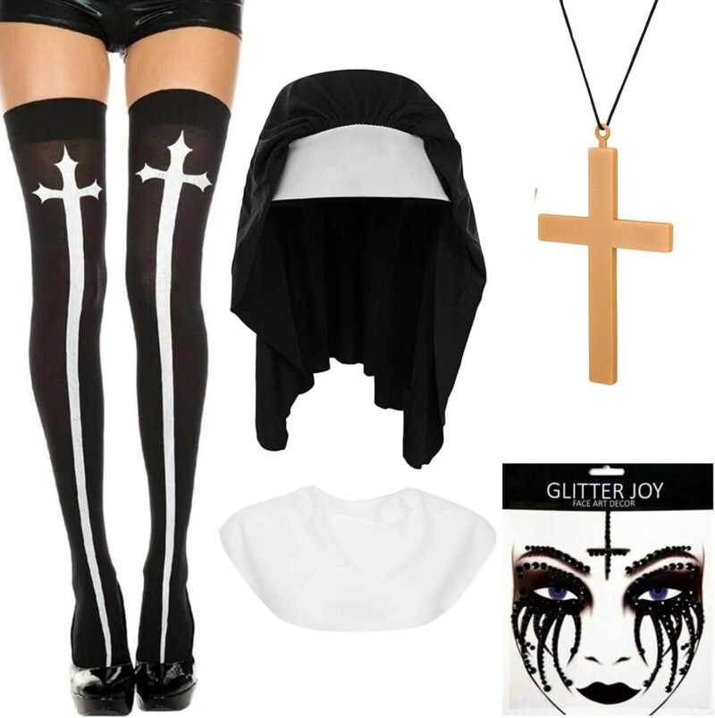 Halloween Nun Costume Accessories Set with Catholic Nun Costume Hat, Nun Collar, Cross Pendent Necklace, Cross Print Stockings, Nun Rhinestone Tattoo