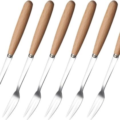 6 Pcs Wooden Handle Stainless Steel Two Prong Forks Fruit Cake Appetizer Forks