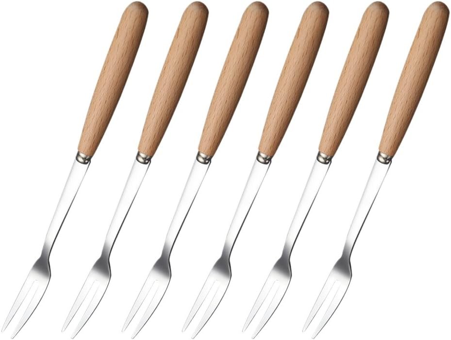 6 Pcs Wooden Handle Stainless Steel Two Prong Forks Fruit Cake Appetizer Forks