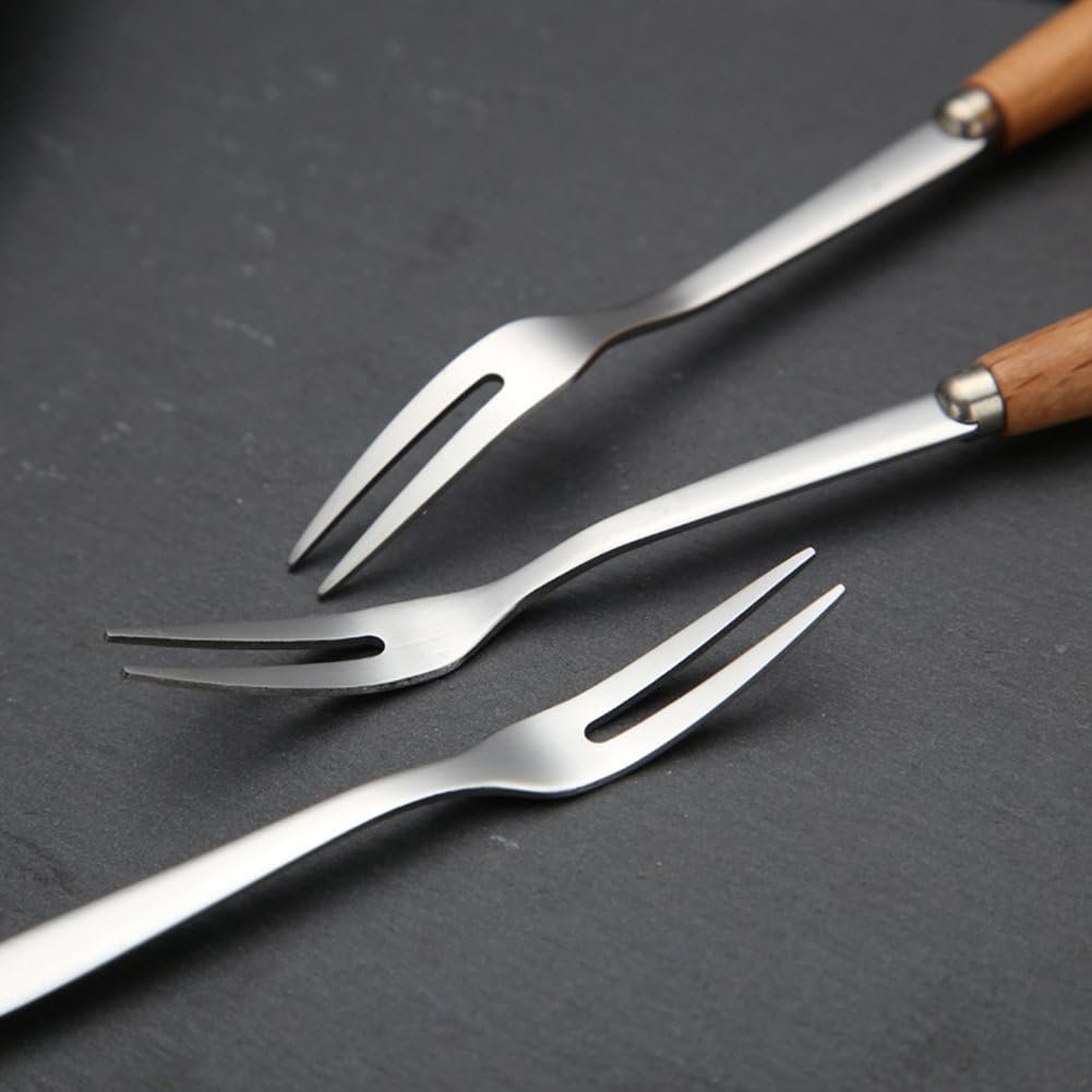 6 Pcs Wooden Handle Stainless Steel Two Prong Forks Fruit Cake Appetizer Forks - Image 3