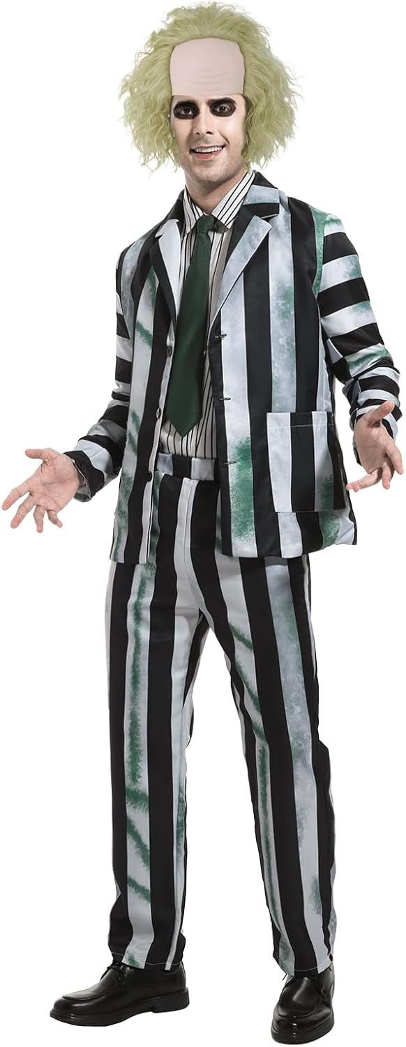 Adult Men Costume Black and White Striped Suit with Wig for Halloween Cosplay Party Outfit Horror Movie Character - Image 2