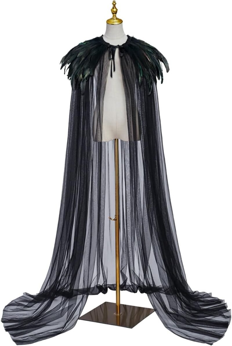 L'VOW Women's Gothic Feather Cloak Gothic Tulle Cape with Feather Collar Vampire Cloak Witches Cape Cosplay Costume - Image 8
