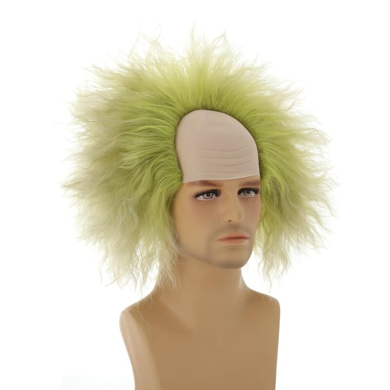 Men’s Short Light Green Curly Bald Synthetic Fiber Wig Unisex Halloween Cosplay Costume Wigs - Image 3