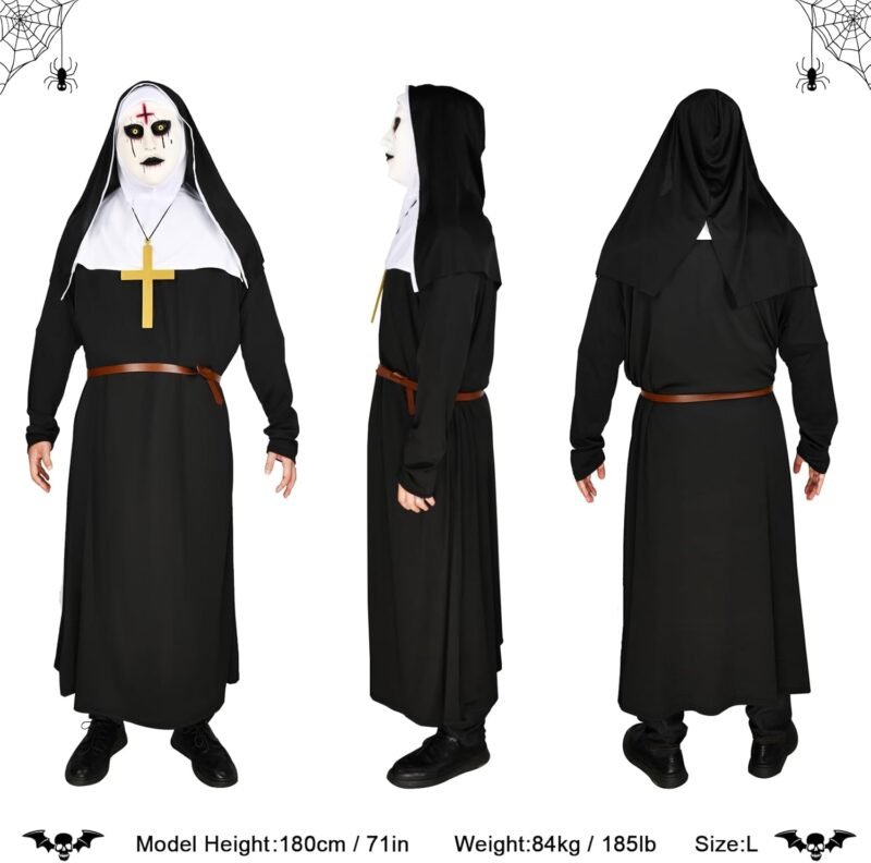 Nun Costume for Women Men Scary Halloween Nun Mask Adult The Nun Costume Black Nun Dress Cosplay - Image 3