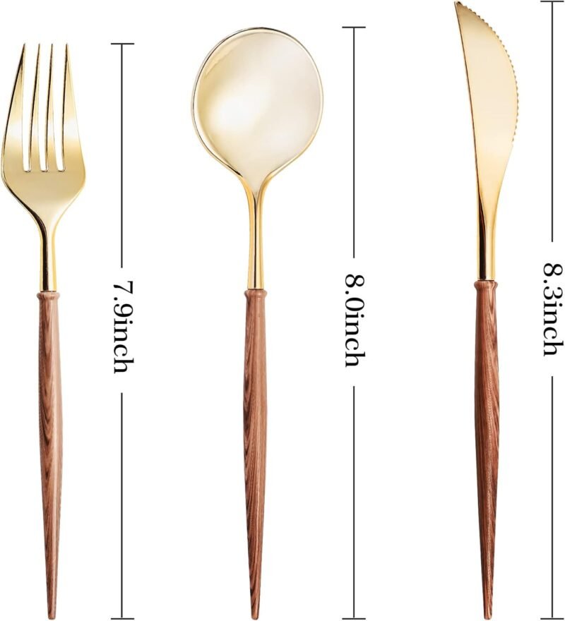 Lullaby 120PCS Gold Plastic Silverware, Gold Disposable Cutlery with Wood Grain Handle Include 40 Forks, 40 Spoons, 40 Knives, Elegant Disposable Silverware for Wedding, Party, Gathering, Daily Use - Image 2