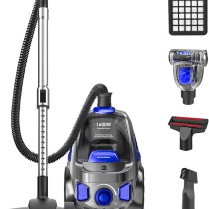 Canister Vacuum Cleaner, 32Kpa 1600W Cyclon Power, Dust Full Indicator, Double HEPA Filters, 3.7Qt Large Capacity, Lightweight Vac for Hard Floors, Carpets, Pet Hair, Blue