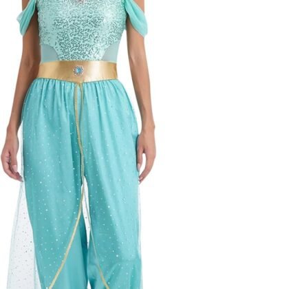 Women's 3Pcs Arabian Princess Costume Halloween Jumpsuits with Shiny Choker Collar and Headwear