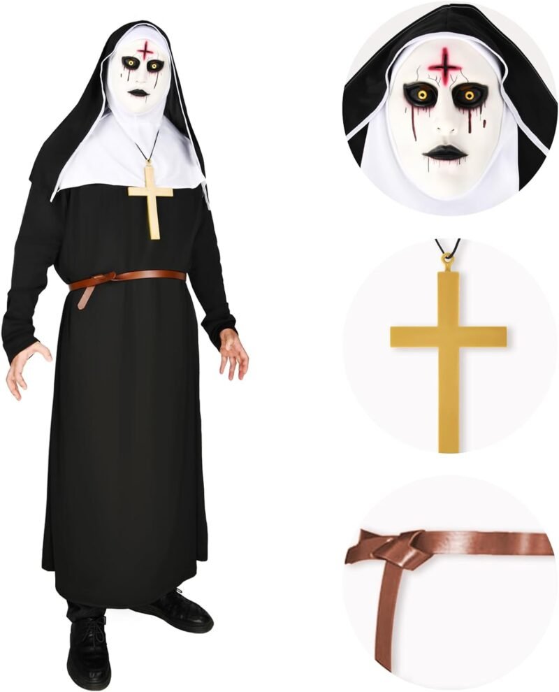 Nun Costume for Women Men Scary Halloween Nun Mask Adult The Nun Costume Black Nun Dress Cosplay - Image 2