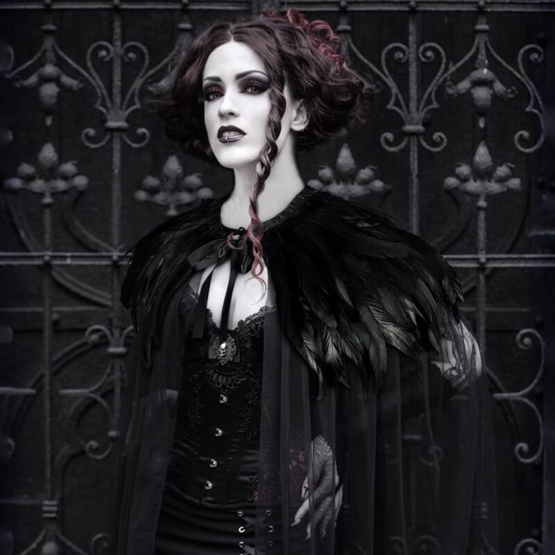 L'VOW Women's Gothic Feather Cloak Gothic Tulle Cape with Feather Collar Vampire Cloak Witches Cape Cosplay Costume - Image 4