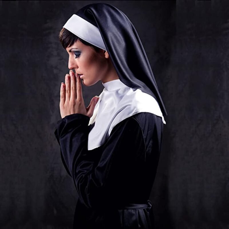 Halloween Nun Costume Accessories Set with Catholic Nun Costume Hat, Nun Collar, Cross Pendent Necklace, Cross Print Stockings, Nun Rhinestone Tattoo - Image 5