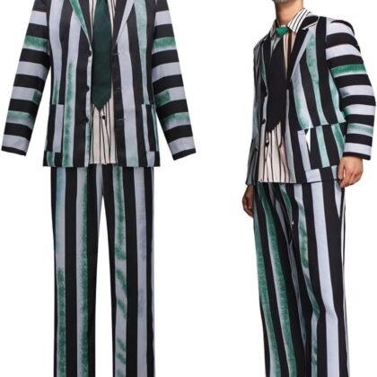 Betelgeuse Costume Men's Black and White Striped Suit Halloween Adult Shirt Blazer Pants with Tie