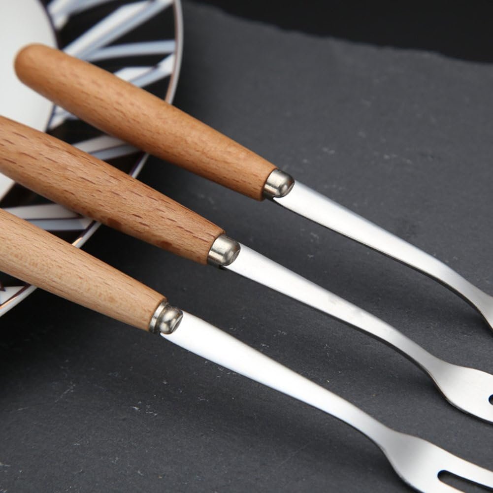 6 Pcs Wooden Handle Stainless Steel Two Prong Forks Fruit Cake Appetizer Forks - Image 4