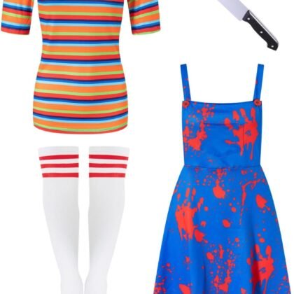 PROMOTED TO BIG SISTER 4 Pcs Women Halloween Nightmare Killer Doll Costume Scary Guy Cosplay Movie Character Outfit