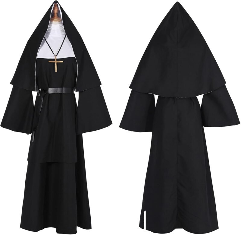NSPSTT The Nun Costume for Women Nun Dress Halloween Cosplay for Men Nun Costume 5pcs Set - Image 5