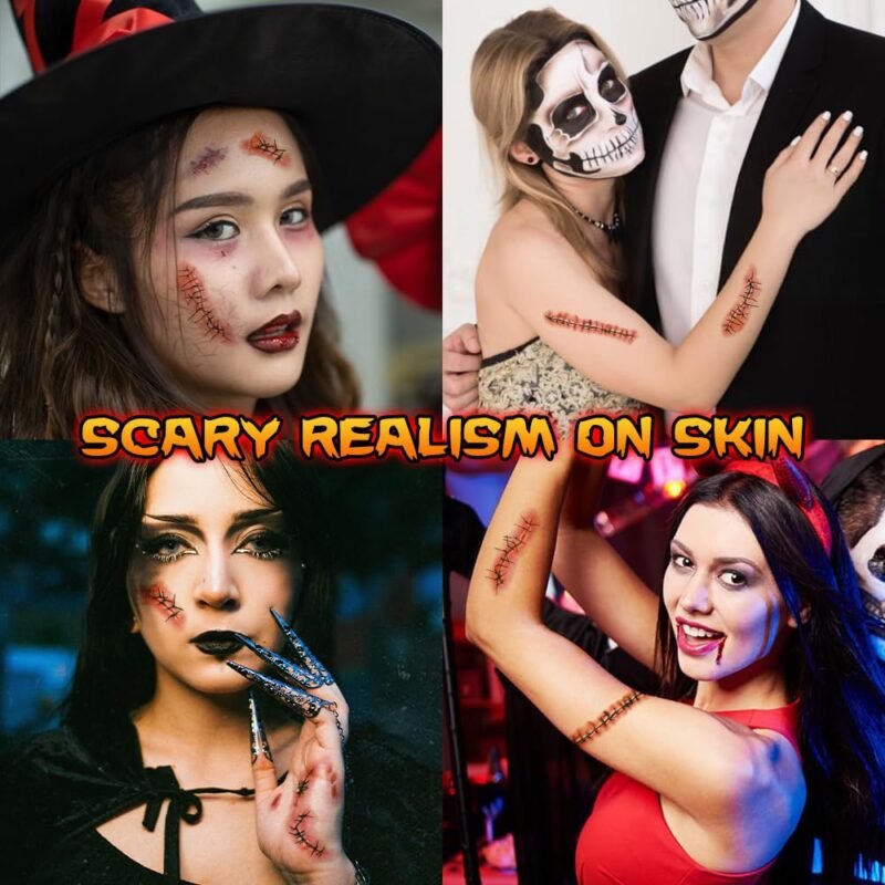 25 Sheets Halloween Zombie Stitches Temporary Tattoos, Fake Chucky Scars Bloody Wound Vampire Tattoos Realistic Stickers for Chucky Costume Cosplay Horror Makeup Pranks Party Kids Men Women - Image 6