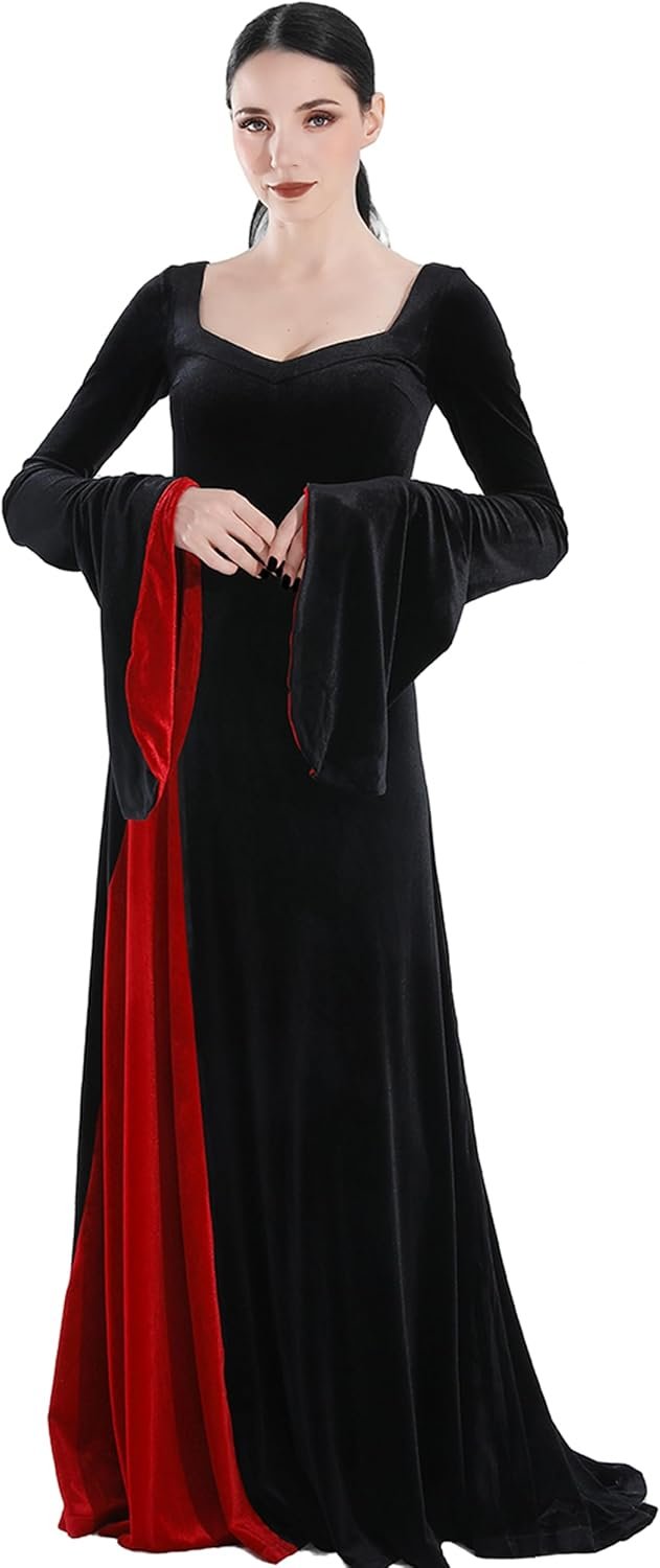 QRT Morticia Addams Costume, Women Velvet Maxi Dress,Vintage Gothic Witch Long Dress Halloween Family Cosplay Cocktail Party - Image 2