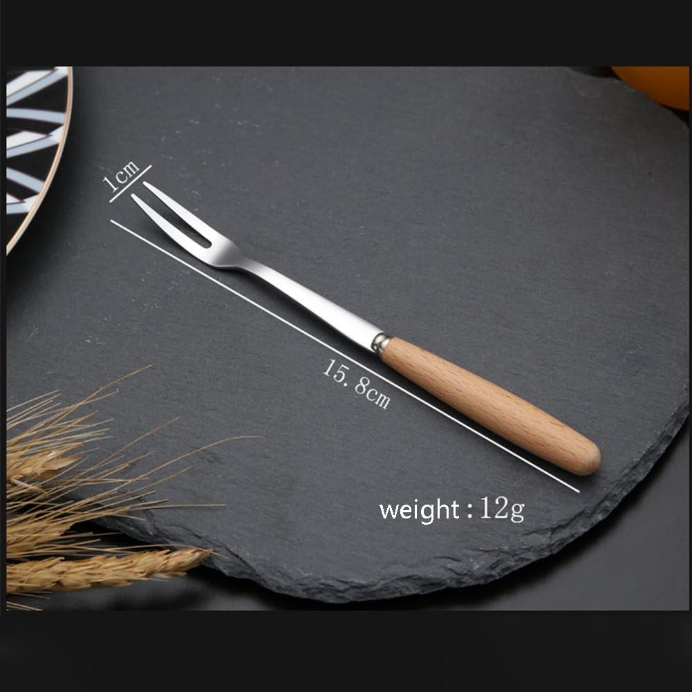 6 Pcs Wooden Handle Stainless Steel Two Prong Forks Fruit Cake Appetizer Forks - Image 2