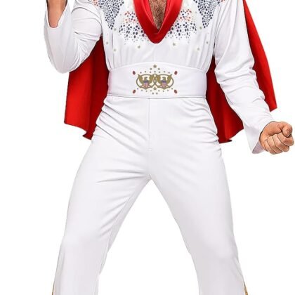 HLENOK Adult Men Rock Star Costume Jumpsuit 60s 70s 80s White Rock And Roll Halloween Cosplay Jumpsuit Outfit Suit