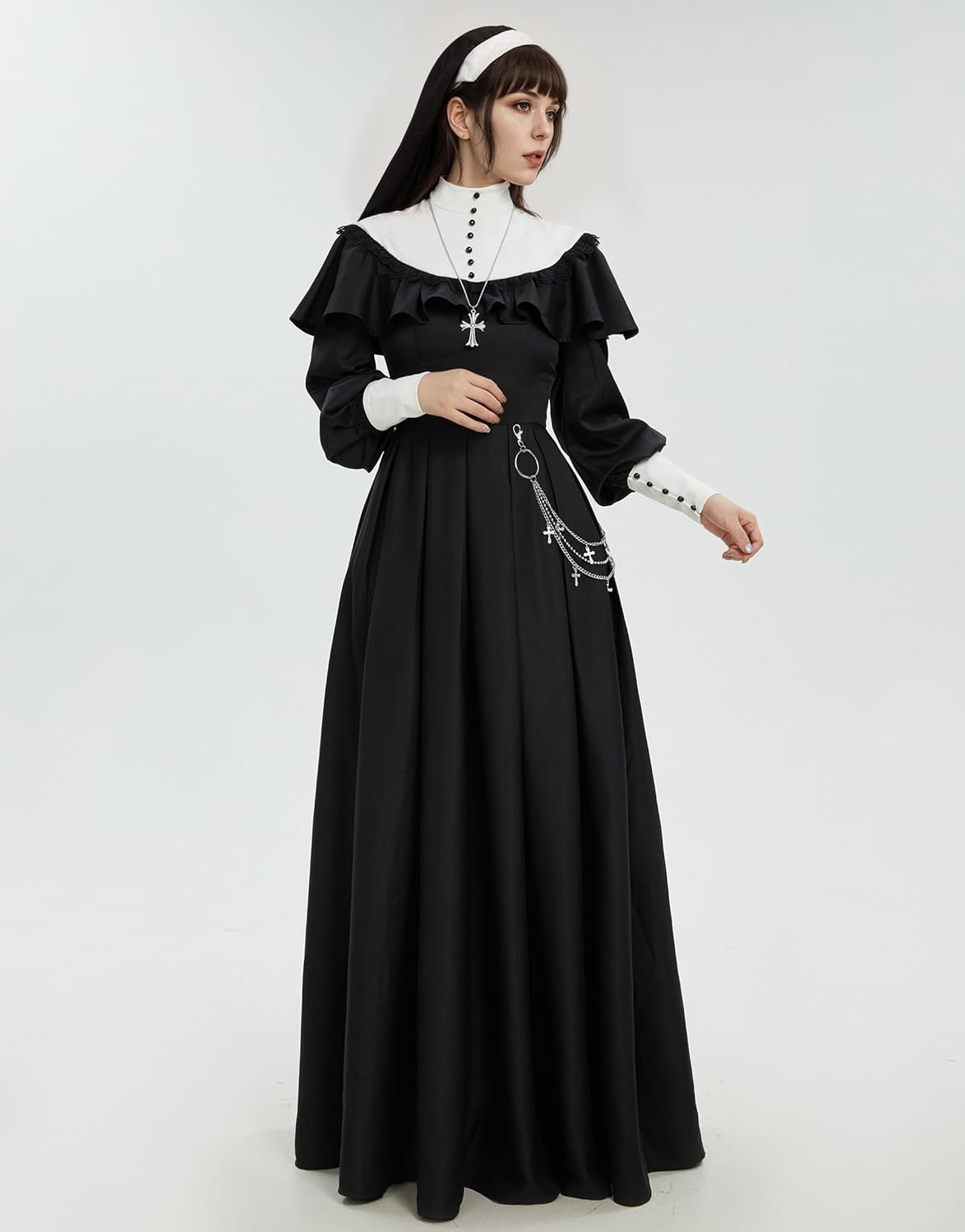 miccostumes Women's Costume Nun Cosplay Gothic Dress Retro Black Long Dress with Shawl and Necklace Waist Belt Halloween - Image 2