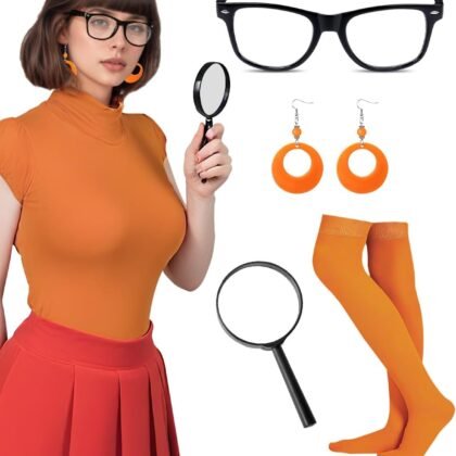 Velma Costume Accessories Set for Women – Halloween Cosplay Kit with Black Glasses, Orange Earrings, Knee High Socks, Magnifying Glass