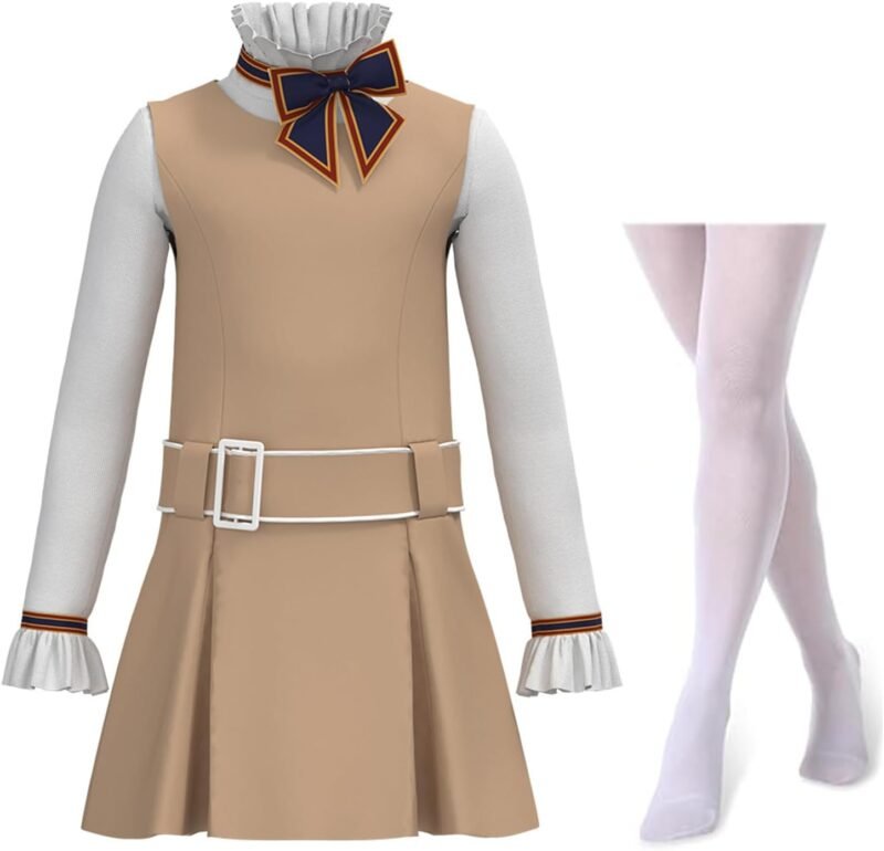 Kids Robot Doll Movie Costume Girls Megan Dress with Long Sleeve Top Bow Tie Belt Stockings Birthday Halloween Cosplay