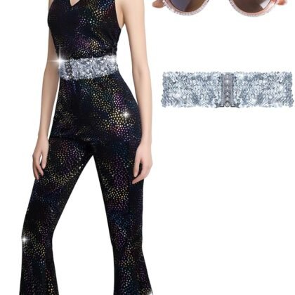 3Pcs Disco Outfit 70s 80s Disco Jumpsuit Costume with Sunglasses and Belt for Parties Halloween Cosplay