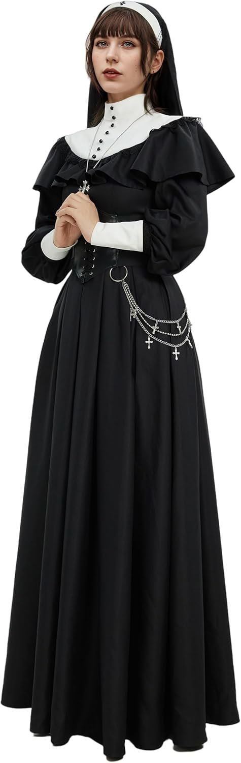 miccostumes Women's Costume Nun Cosplay Gothic Dress Retro Black Long Dress with Shawl and Necklace Waist Belt Halloween