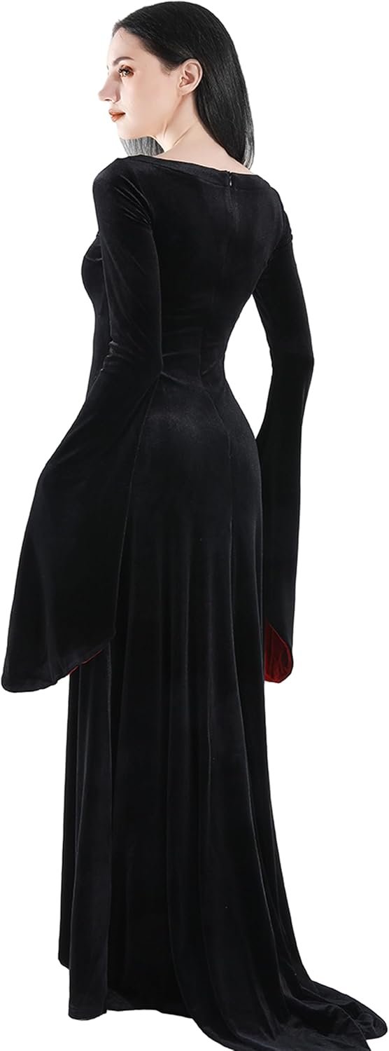 QRT Morticia Addams Costume, Women Velvet Maxi Dress,Vintage Gothic Witch Long Dress Halloween Family Cosplay Cocktail Party - Image 4