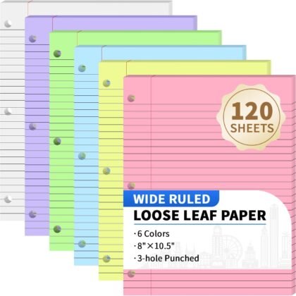 120 Sheets Loose Leaf Binder Paper, 6-Color Wide Ruled Lined Paper, 8” x 10.5”, 3-Hole Punched Notebook Paper Writing Paper for School Office