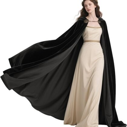 L'VOW Viking Hooded Cape Medieval Black Cape with Hood Halloween Renaissance Cloak with Chain Clasp