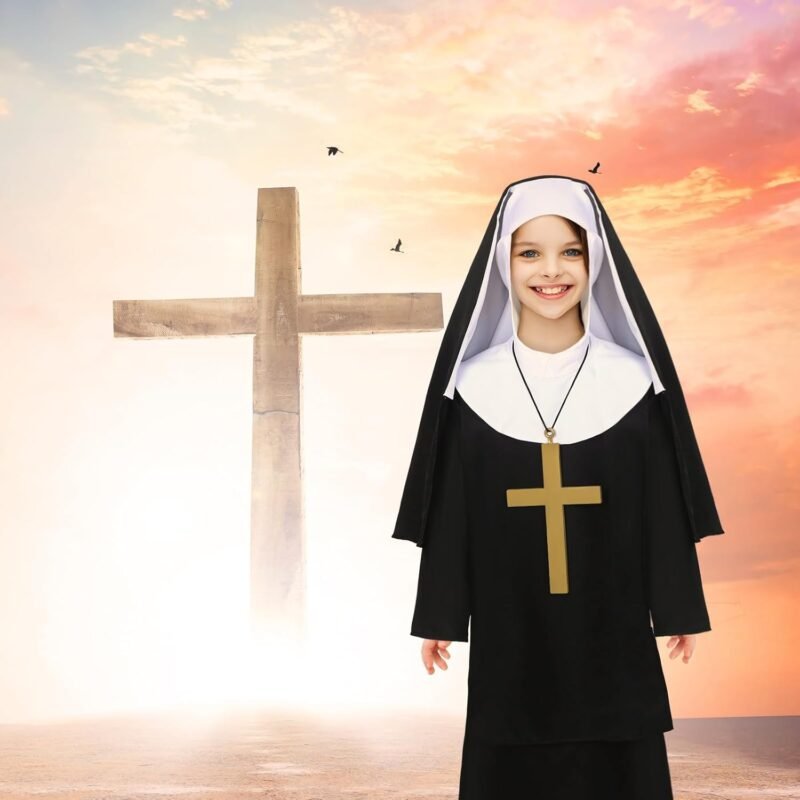 Mepase 3 Pcs Girls Nun Costume Set with Cross Necklace Halloween Nun Costume for Kids Horror Catholic Sister Robe Costumes - Image 6