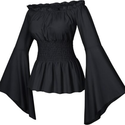 Irtysh Womens Renaissance Victorian Peasant Ruffle Smocked Waist Boho Pirate Shirt Blouse Cosplay Costume