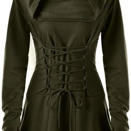 Womens Renaissance Costumes Hooded Robe Lace Up Vintage Pullover High Low Long Hoodie Dress