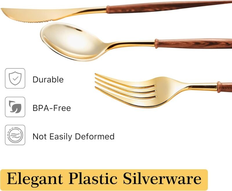 Lullaby 120PCS Gold Plastic Silverware, Gold Disposable Cutlery with Wood Grain Handle Include 40 Forks, 40 Spoons, 40 Knives, Elegant Disposable Silverware for Wedding, Party, Gathering, Daily Use - Image 3