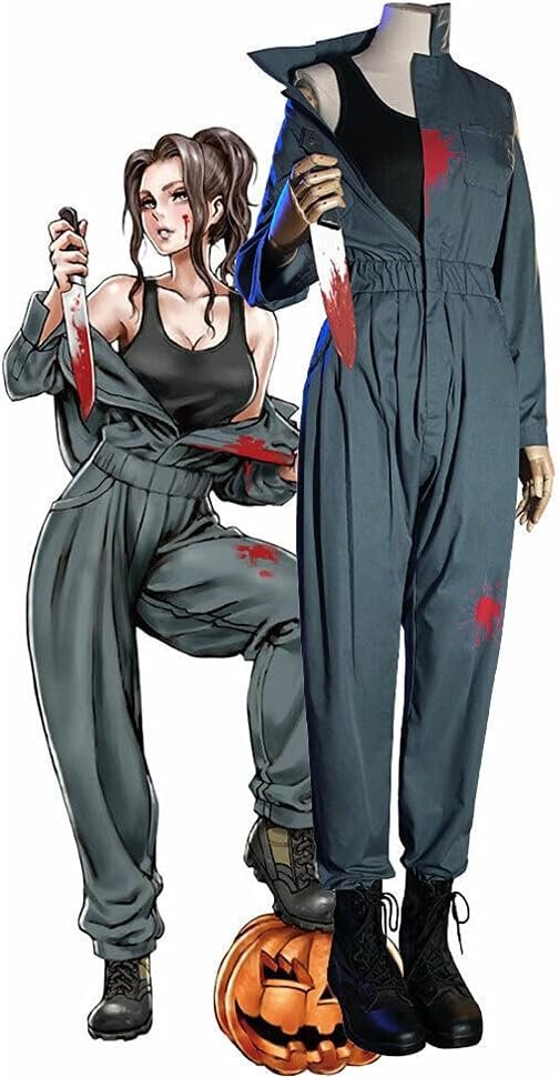 LILLIWEEN Womens Halloween Killer Costume Cosplay Long Sleeve Zip-Front Blue Coverall Jumpsuit - Image 6