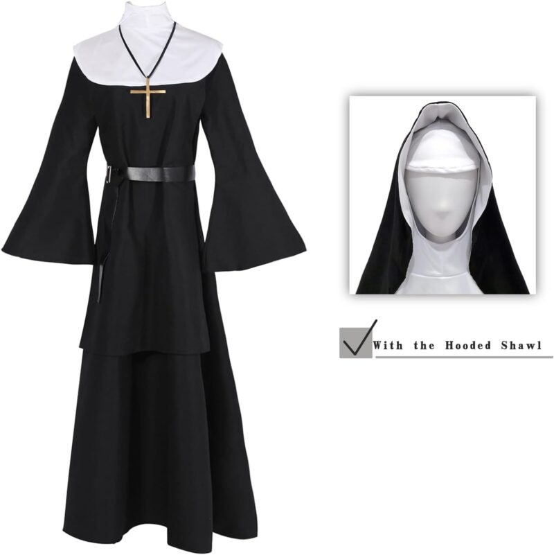NSPSTT The Nun Costume for Women Nun Dress Halloween Cosplay for Men Nun Costume 5pcs Set - Image 2