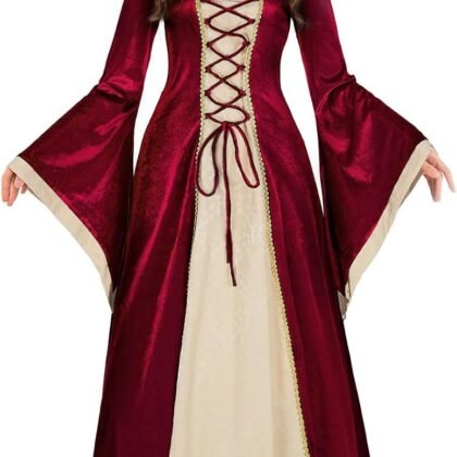 Oiefeen Women's Medieval Renaissance Clothing Hooded Velvet Queen Dress Long Dress Halloween Costume
