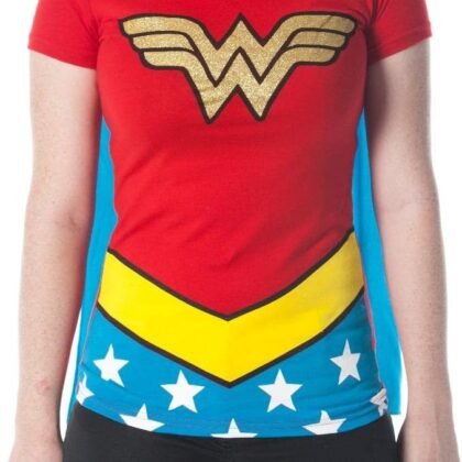Wonder Woman Glitter Logo Juniors Costume Cosplay Cape T-Shirt Tee Shirt DC Comics