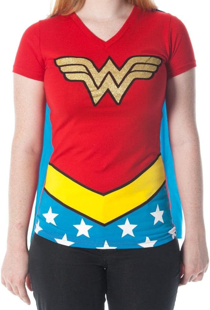 Wonder Woman Glitter Logo Juniors Costume Cosplay Cape T-Shirt Tee Shirt DC Comics