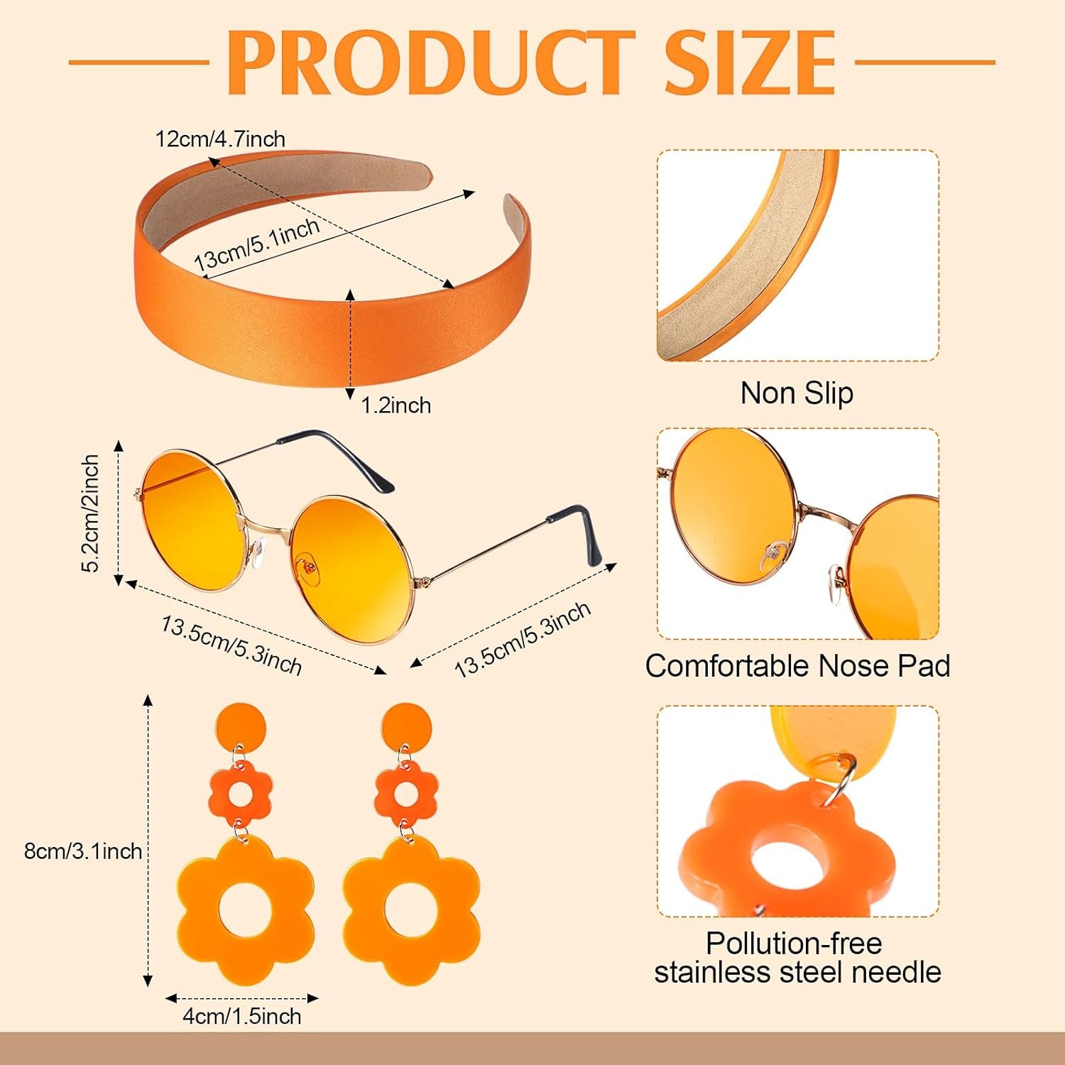 SATINIOR 4 Pcs 60s 70s Women's Hippie Costume Retro Disco Outfit Groovy Dress Headband Earring Sunglasses for Halloween Party - Image 3