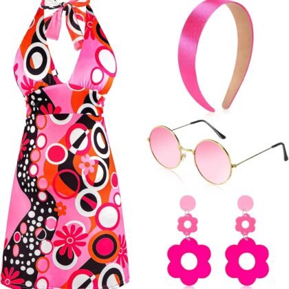 SATINIOR 4 Pcs 60s 70s Hippie Costume Women Retro Disco Outfit Groovy Dress Headband Earring Party Sunglasses for Halloween
