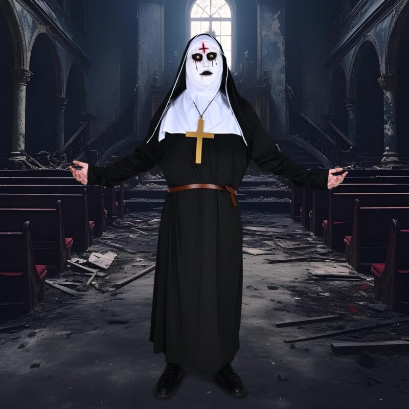 Nun Costume for Women Men Scary Halloween Nun Mask Adult The Nun Costume Black Nun Dress Cosplay - Image 8