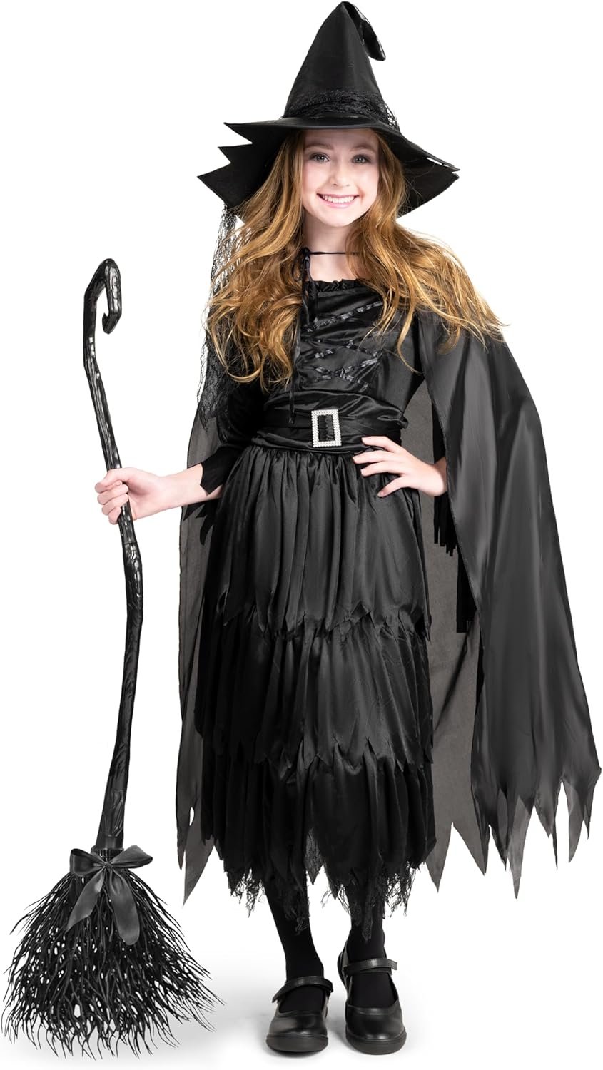Spooktacular Creations Classic Kids Witch Costume, Toddler Gothic Sorceress Black Witch Dress with Broom and Hat for Girls Halloween Themed Parties, M - Image 4
