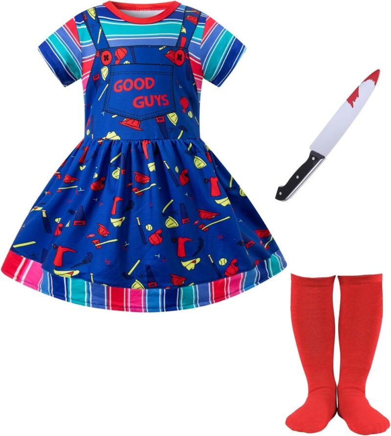 bakjuno Kids Halloween Classic Killer Doll Costume Girl Scary Cosplay Horror Movie Dress Up Knife and Skirt Set - Image 2
