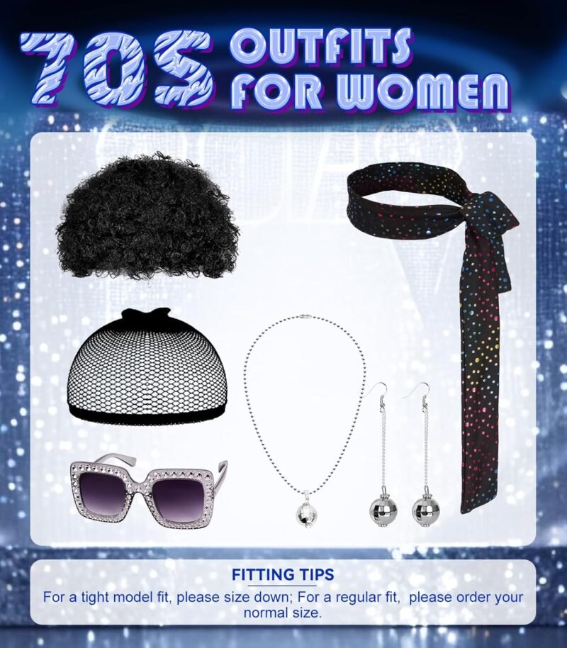 70s Disco Costume for Women - 1970s Disco Outfit with Wig, Earrings, glasses, Necklace, Headband, Sequin Top & Bell Bottoms - Image 4
